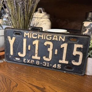 Vintage Michigan 1945 single 13.75” long vehicle License Plate
